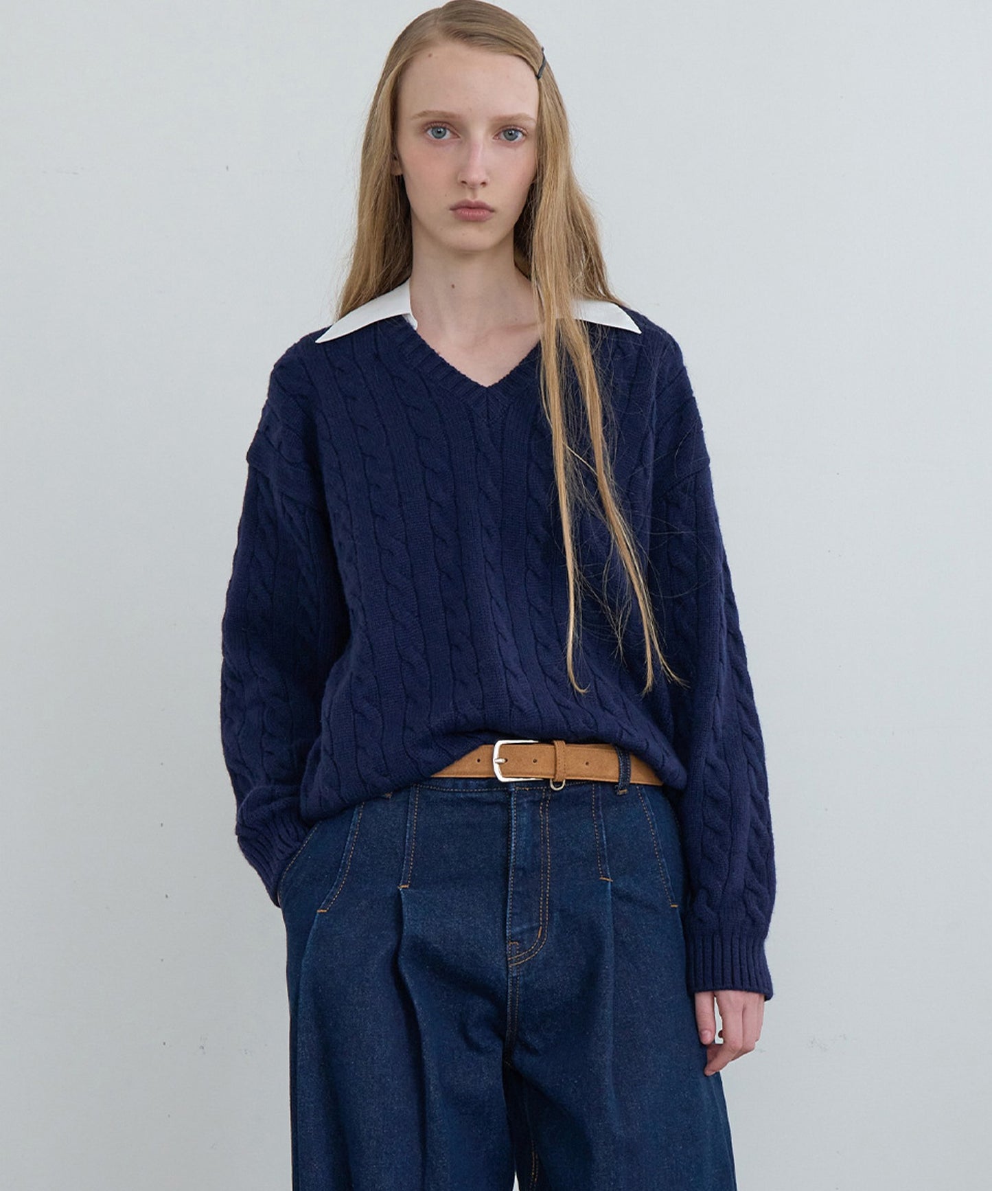 Kijun/キジュン Shirt Collar V-Neck Knit メリノウール ケーブル編み 襟付きニット