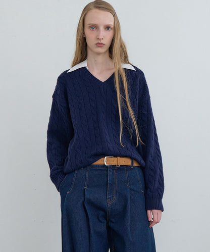 Kijun/キジュン Shirt Collar V-Neck Knit メリノウール ケーブル編み 襟付きニット