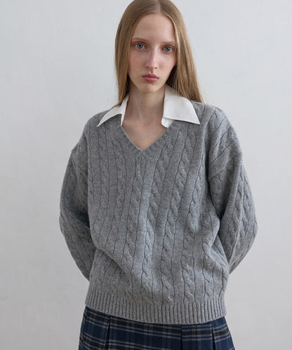 Kijun/キジュン Shirt Collar V-Neck Knit メリノウール ケーブル編み 襟付きニット