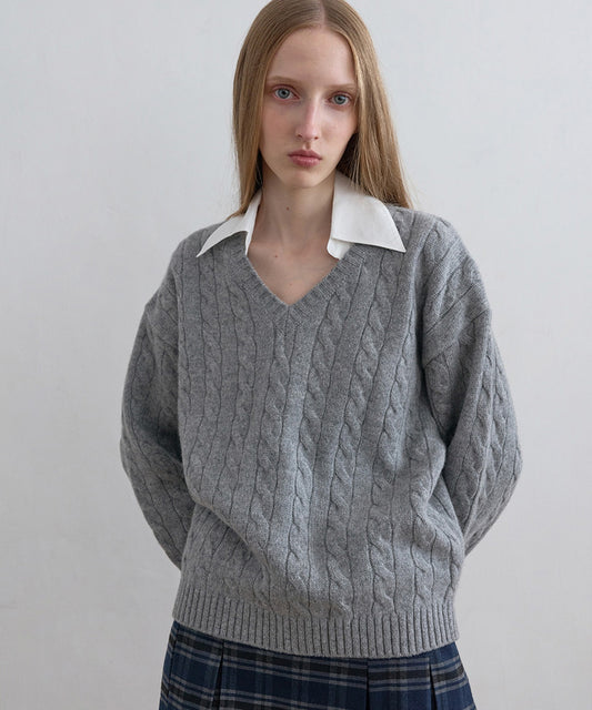 Kijun/キジュン Shirt Collar V-Neck Knit メリノウール ケーブル編み 襟付きニット
