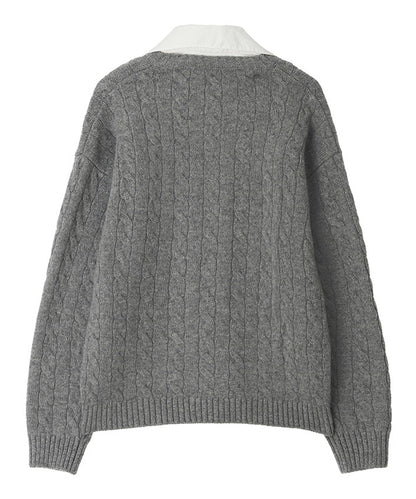 Kijun/キジュン Shirt Collar V-Neck Knit メリノウール ケーブル編み 襟付きニット