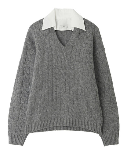 Kijun/キジュン Shirt Collar V-Neck Knit メリノウール ケーブル編み 襟付きニット