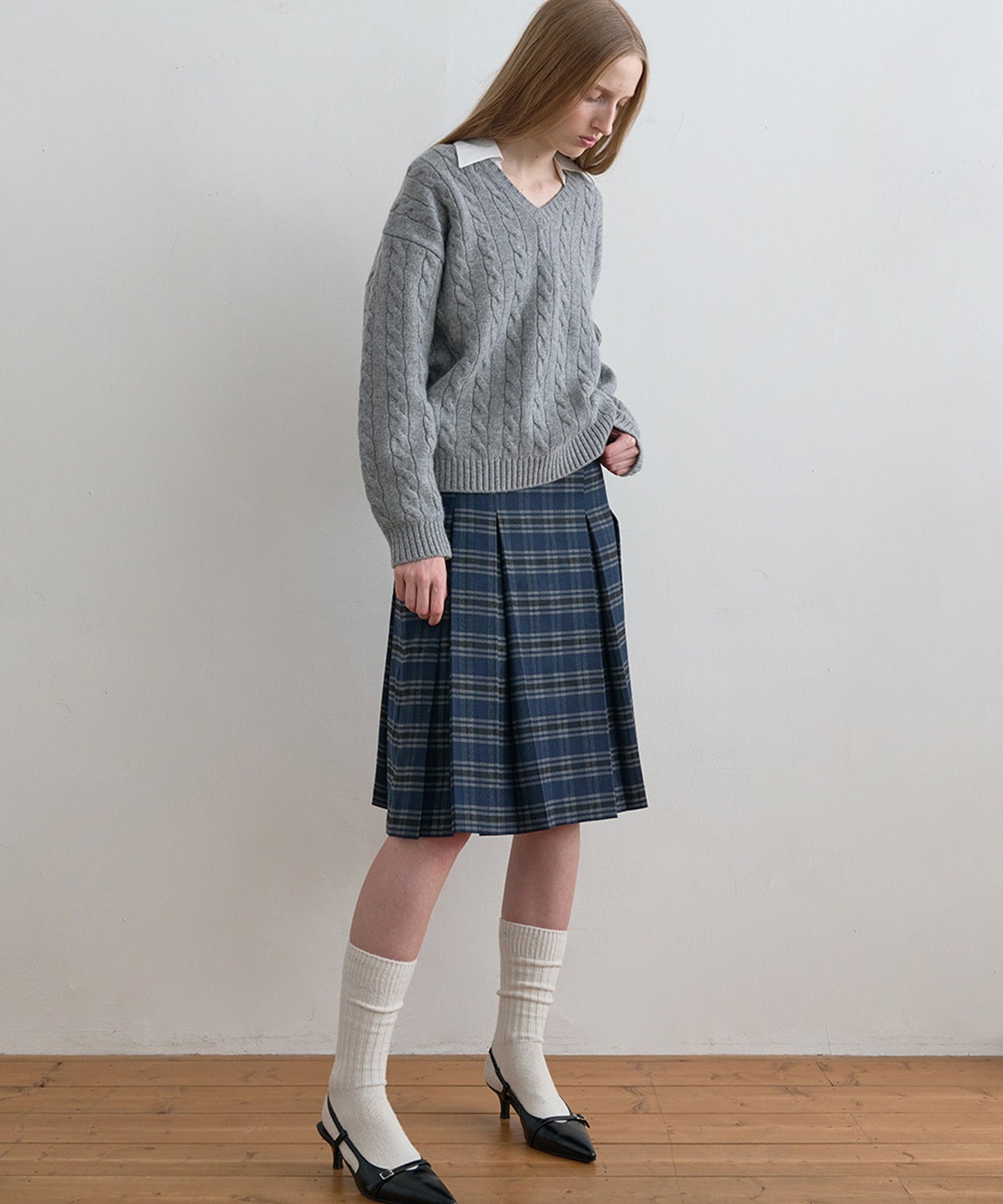 Kijun/キジュン Shirt Collar V-Neck Knit メリノウール ケーブル編み 襟付きニット