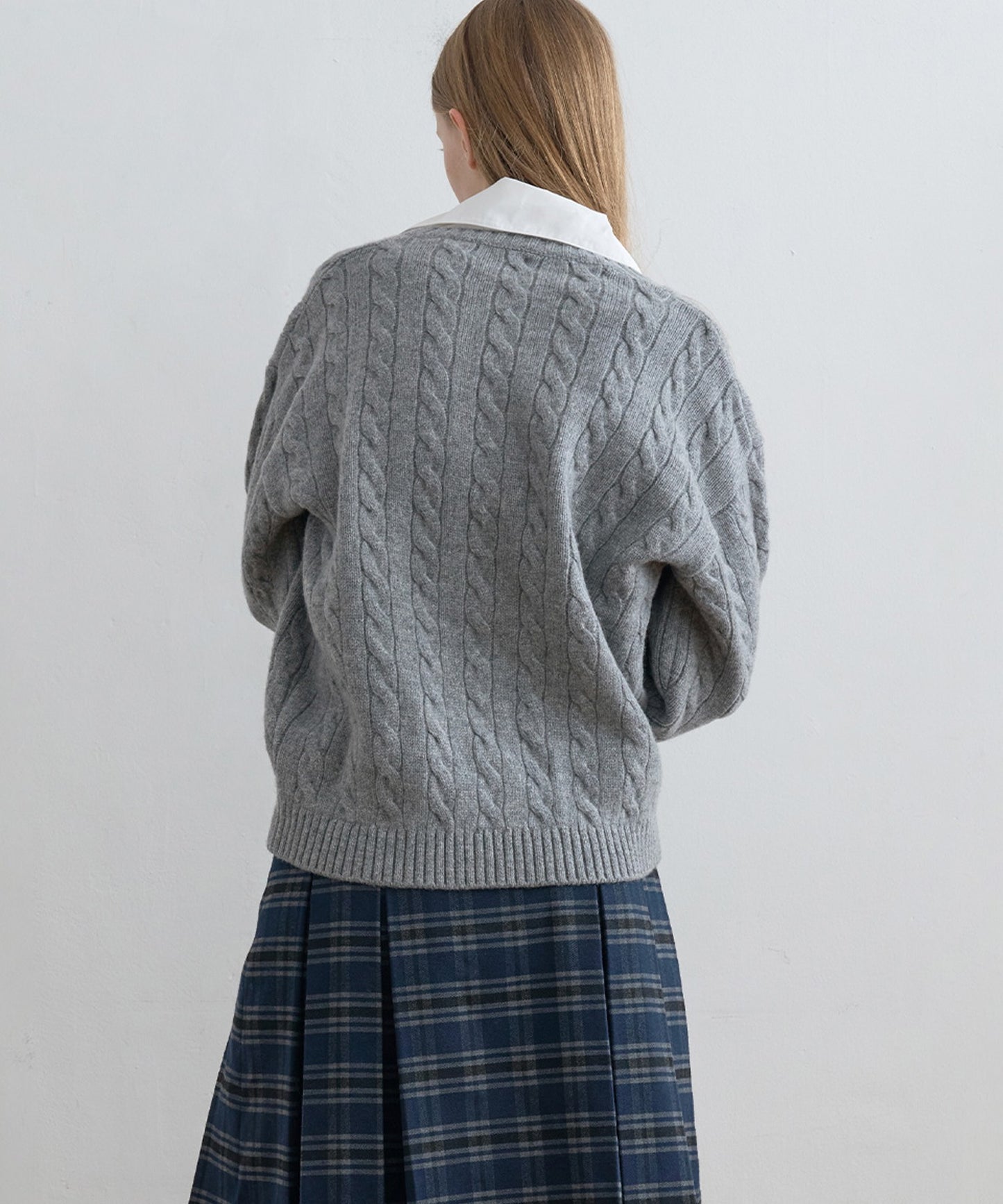 Kijun/キジュン Shirt Collar V-Neck Knit メリノウール ケーブル編み 襟付きニット