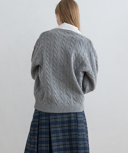 Kijun/キジュン Shirt Collar V-Neck Knit メリノウール ケーブル編み 襟付きニット