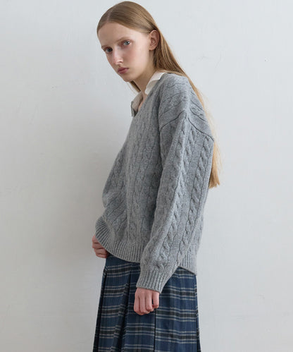 Kijun/キジュン Shirt Collar V-Neck Knit メリノウール ケーブル編み 襟付きニット