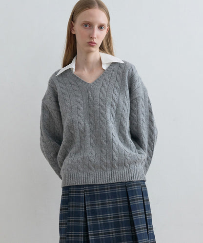 Kijun/キジュン Shirt Collar V-Neck Knit メリノウール ケーブル編み 襟付きニット
