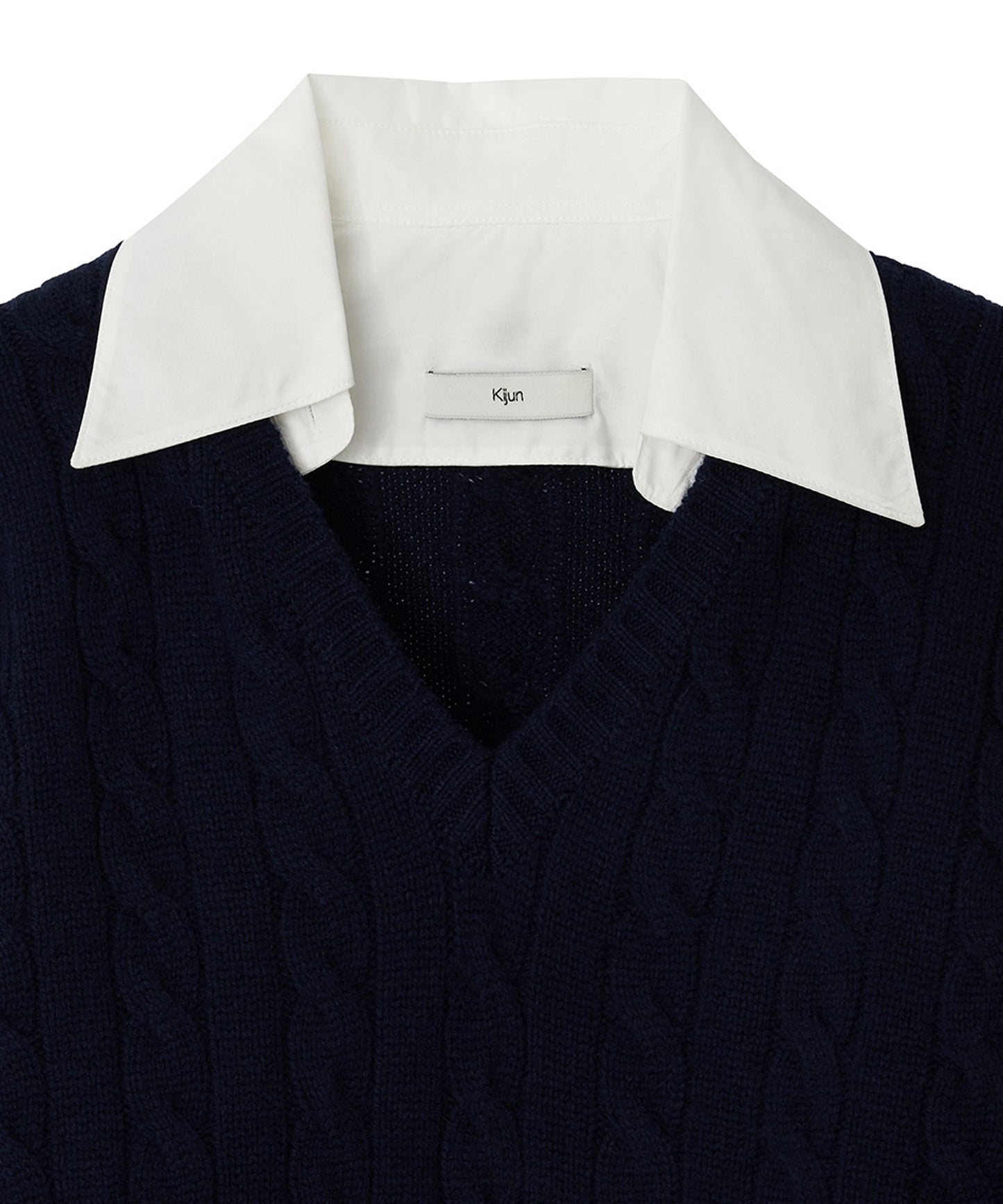 Kijun/キジュン Shirt Collar V-Neck Knit メリノウール ケーブル編み 襟付きニット