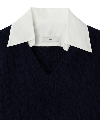 Kijun/キジュン Shirt Collar V-Neck Knit メリノウール ケーブル編み 襟付きニット