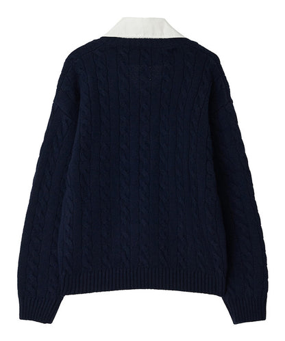 Kijun/キジュン Shirt Collar V-Neck Knit メリノウール ケーブル編み 襟付きニット