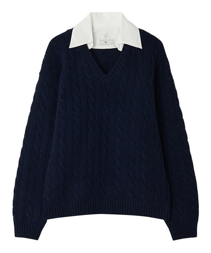 Kijun/キジュン Shirt Collar V-Neck Knit メリノウール ケーブル編み 襟付きニット
