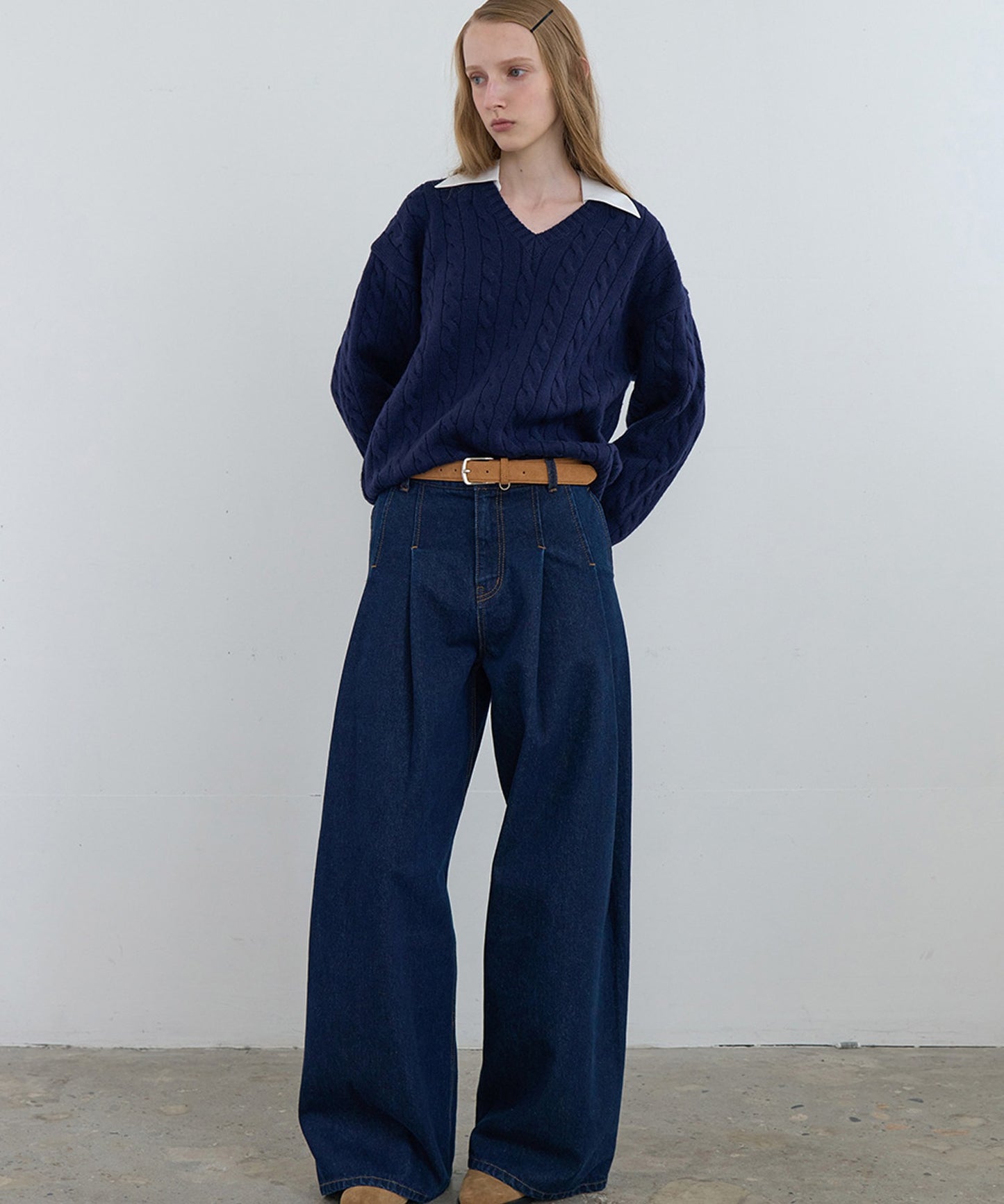 Kijun/キジュン Shirt Collar V-Neck Knit メリノウール ケーブル編み 襟付きニット