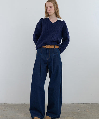 Kijun/キジュン Shirt Collar V-Neck Knit メリノウール ケーブル編み 襟付きニット