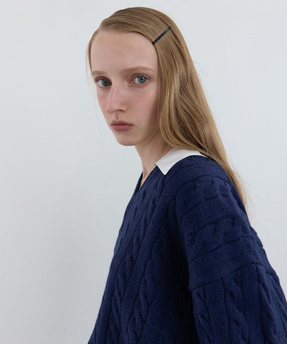 Kijun/キジュン Shirt Collar V-Neck Knit メリノウール ケーブル編み 襟付きニット