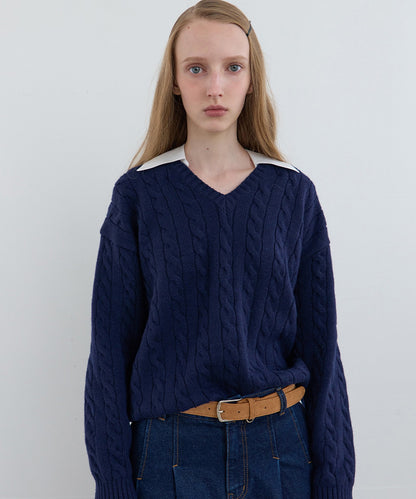 Kijun/キジュン Shirt Collar V-Neck Knit メリノウール ケーブル編み 襟付きニット