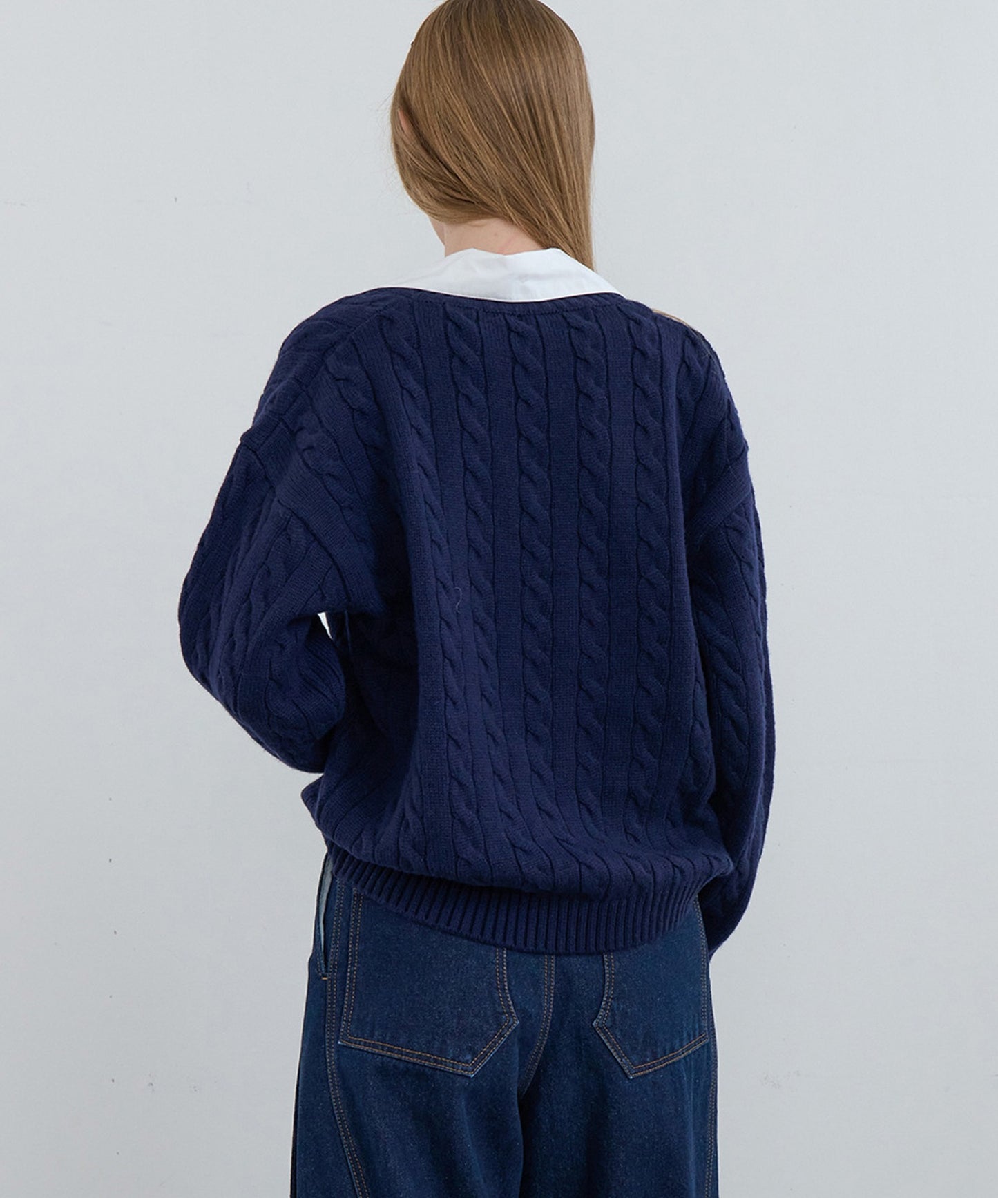 Kijun/キジュン Shirt Collar V-Neck Knit メリノウール ケーブル編み 襟付きニット