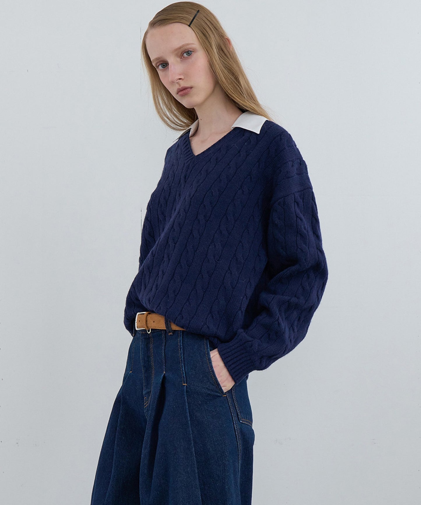 Kijun/キジュン Shirt Collar V-Neck Knit メリノウール ケーブル編み 襟付きニット