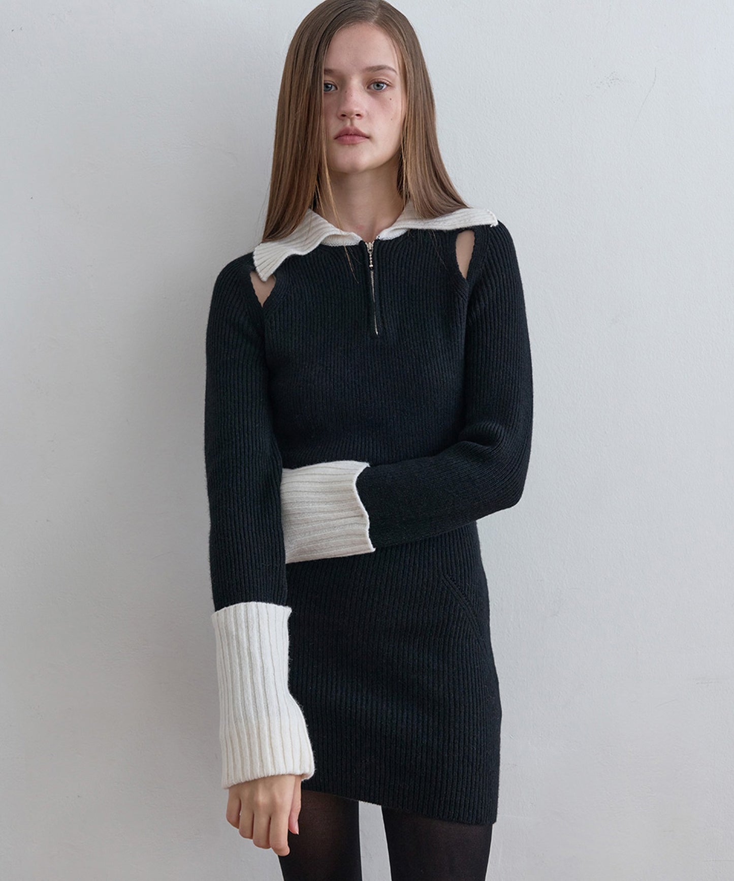 Zip-Up Knit Dressリブ編み ウールニットワンピース