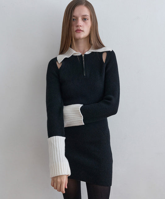 Zip-Up Knit Dressリブ編み ウールニットワンピース