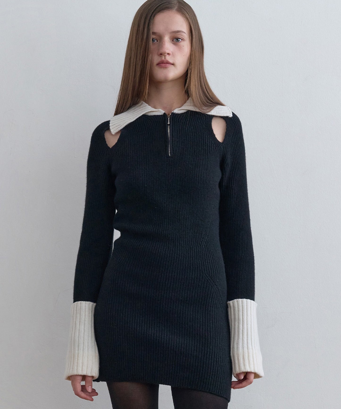 Zip-Up Knit Dressリブ編み ウールニットワンピース