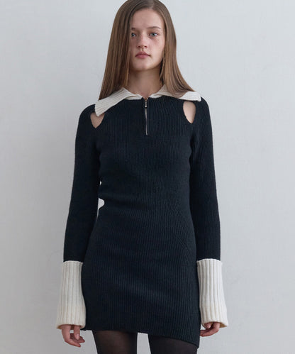 Zip-Up Knit Dressリブ編み ウールニットワンピース