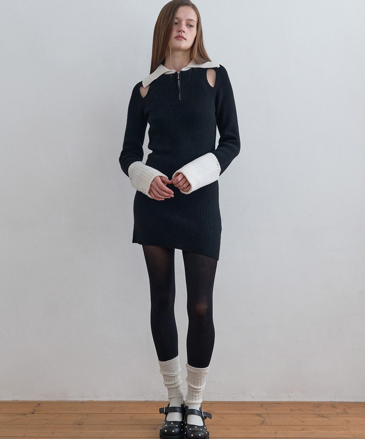 Zip-Up Knit Dressリブ編み ウールニットワンピース